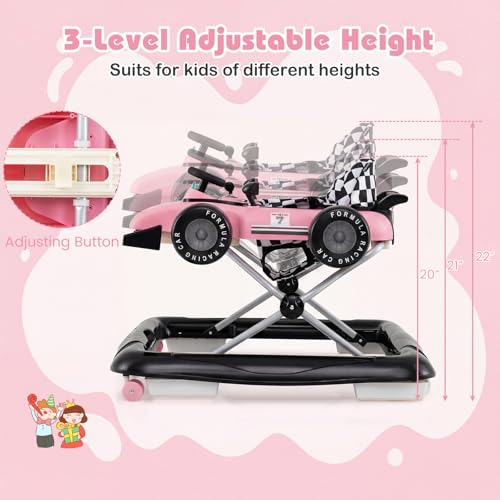 BABY JOY 4-in-1 Baby Walker, Foldable Activity Walker with Push Mode, Adjustable Height, Lights, Anti-Rollover, Baby Walker with Wheels for Boys Girls 6-18 Months (Pink)