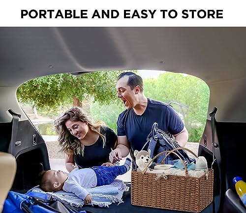 HBlife Baby Diaper Caddy Organizer, Paper Rope Storage Baskets Nursery Bin with Removable Divider, Portable Car Organizer for Diapers, Baby Shower Gifts, Newborn Essentials Must Haves