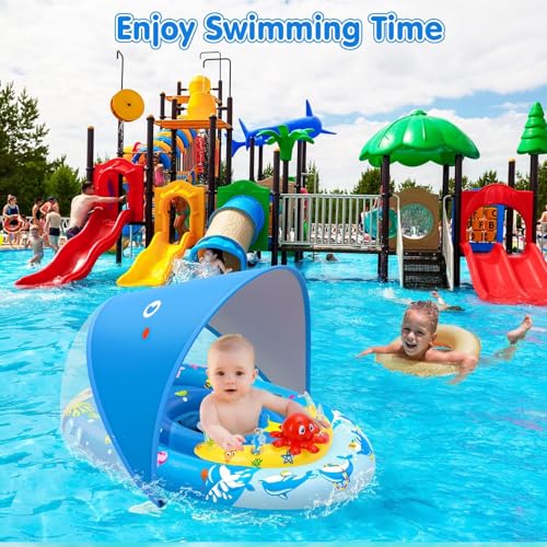 EZIGO Baby Pool Float with Canopy UPF50+ Sun Protection, Inflatable Kids Pool Floats with Ocean Animal Toys for Babies 6-36 Months, Infant Swimming Float with Adjustable Safety Seat for Boys Girls