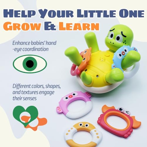 Sizobi Baby Bath Toys, Rechargeable Turtle Bath Toy Sprinkler for Toddler with 5 Rings, Bathtub Fountain Spray Toy,Pool Water Bath Toys for Kids Ages 1-3, Boys Outdoor Water Table Toy Birthday Gifts