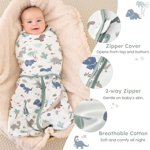 FIEMOL Baby Swaddle Sleep Sack 3-6 Months, Cotton Swaddles for Newborns Boys Girls, 2-Way Zipper Transitional Infant Wearable Swaddling Blanket with Quiet Closure, 0.5 TOG 2 Pack Soft Green Dinosaur