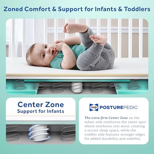 SEALY BABY 2 Stage Infant Crib Mattress Plus Toddler Bed Fit, Breathable, Resistant to Stain Cover, Dual Firmness & Lightweight, Posturepedic Grow