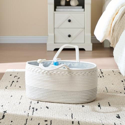 luxury little Diaper Caddy Organizer, Large Cotton Rope Nursery Baby Basket, Changing Table Organizer for Baby Diaper Storage, Portable Car Organizer Removable Divider (Off White, Extra Large)
