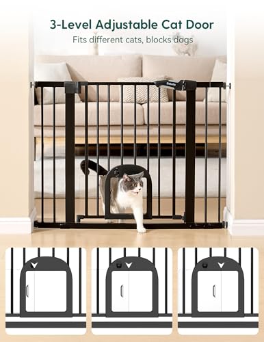 Babelio Upgraded Baby Gate with Cat Door, 29-43" Auto Close Durable Dog Gate for Stairs, Doorways and House, Easy Walk Thru Safety Gate with Pet Door Includes 4 Wall Cups, Black