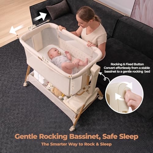 Ezebaby Baby Bassinet Bedside Sleeper: 3-in-1 Rocking Bassinet for Baby - Breathable Full-Mesh Crib with Mattress | 6 Height Adjustable | Portable Crib with Lockable Wheels for Newborns