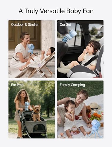 JISULIFE Chic Stroller Fan 2026 –Baby Cool Helper: Smart 120° Auto Oscillation with 100 Speeds, 21H Super-Long Battery, Portable Baby Fan for Crib, Stroller & Bedroom, Gift for Moms-Blue(Quadpod)