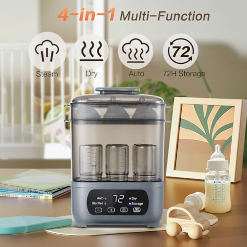 AMZBABYCHEF 4-in-1 Baby Bottle Steamer and Dryer, Electric Steamer with Fast Drying, Universal Fit for All Bottles, LED Touch Screen & Auto Shut-Off Protection (Grey)