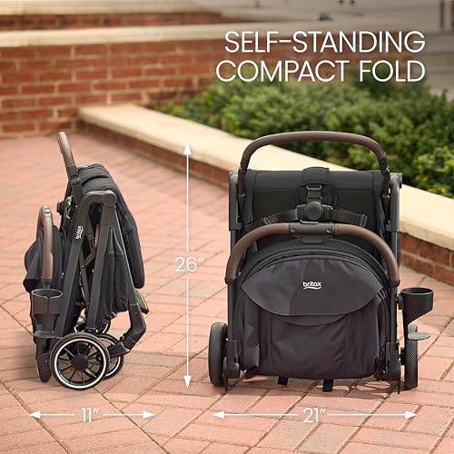 Britax Juniper Compact On-the-Go Stroller, Effortless Fastpack System with One-Hand RapidFold, Portable & Lightweight for Travel, Built-in Carry Handle, Ventilating Fabrics, Raven Black