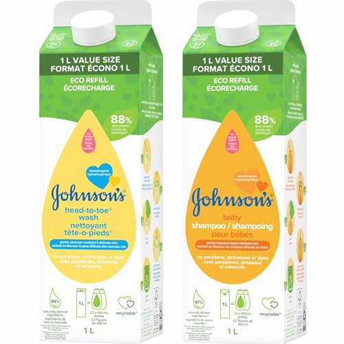 Johnson's Baby Head-To-Toe Body Wash and Shampoo Refill Duo, Tear-Free & Hypoallergenic Baby Body Wash & Shampoo for Newborn’s Sensitive Skin & Hair, Value Size Refill Bottles, 33.8 fl. oz