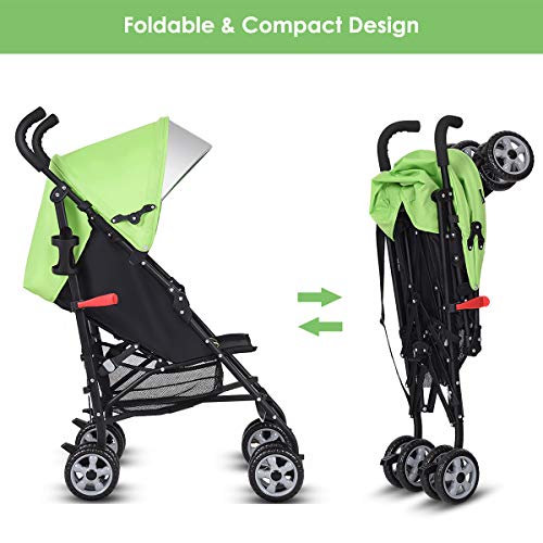 BABY JOY Lightweight & Compact Travel Stroller, Infant to Toddler, Adjustable Backrest & Canopy, Cup Holder, Storage Basket, 5-Point Harness, Easy Fold, Green