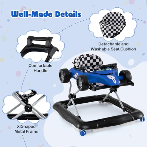 HONEY JOY Baby Walker, 4-in-1 Foldable Infant Activity Push Walker, Toddler Car Walker with Adjustable Heights, Music, Lights, Padded Seat, Baby Walker with Wheels for Boys Girls 6-18 Months (Blue)