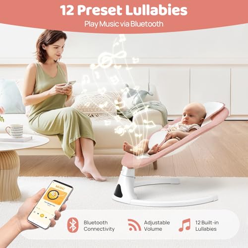 Baby Swings for Infants, Pink Infant Swing with 5 Speeds, 12 Melodies, Bluetooth & Remote Control, Portable Baby Swing for Indoor and Outdoor (Pink)