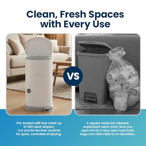 Janibell Akord 330 Adult Diaper Pail System – Holds Up to 35 Adult Diapers per Load, 560 Diapers per Refill Roll, 11-Gallon Hands-Free Step-On Trash Can, Odor-Locking Double Seal, White Resin