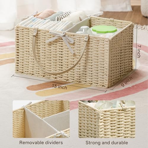 Angelhood Paper Rope Diaper Caddy, Baby Essentials Organizer, Portable Baby Shower Baskets Gift Bin, Car Storage Bag for Nursery