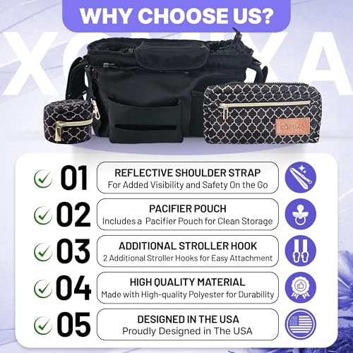 XOMIXA Stroller Organizer with Cup Holders – 9-in-1 Universal Baby Stroller Caddy with Large Pockets, Detachable Pouch & Pacifier Bag, Hooks & Adjustable Reflective Straps, Fits Most Strollers.