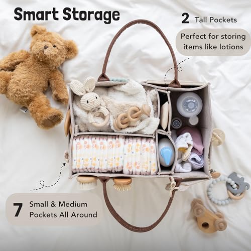 Lily Miles Baby Diaper Caddy Organizer, Nursery Storage Basket for Newborn Essentials, Neutral Gift for Baby Shower, Registry Must-Have, Car Organizer for Diapers and Wipes - Sand, Large