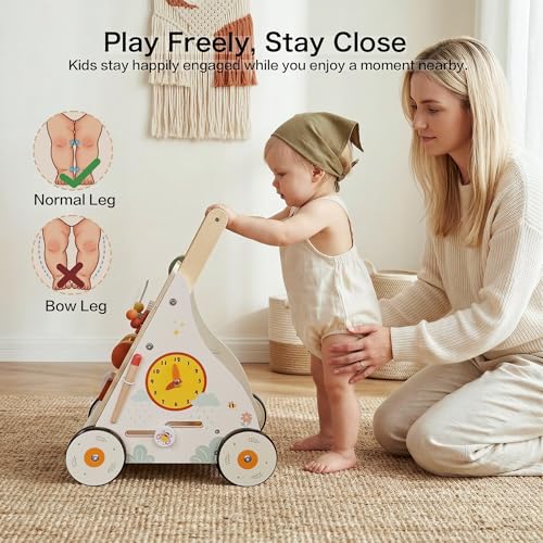 Wooden Baby Walker with Wheels, Baby Push Walker Activity Center for Babies 18 Months+, Montessori Walking Toy for Learning to Walk, Toddler 1st Birthday Gift