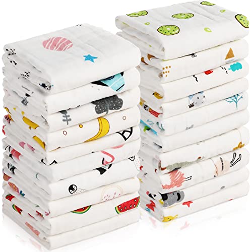 Chumia 20 Pack Muslin Baby Burp Cloths Large 20 x 10 Inches Cotton Baby Burp Rags Towel and Washcloths Face Towels 6 Layers Super Absorbent for Infant Shower,20 Styles