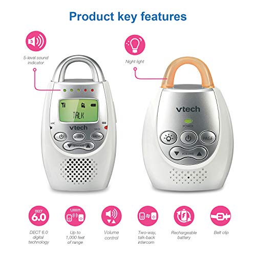 VTech Communications DM221 Audio Baby Monitor with up to 1,000 ft of Range, Vibrating Sound-Alert, Talk Back Intercom & Night Light Loop, White/Silver