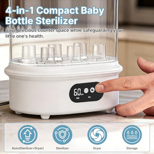 Ktilura Baby Bottle Sanitizer and Dryer, 4-in-1 Fast Electric Sanitizing & Drying Machine, BPA-Free Food-Grade Material, Fits 6 Bottles/Pacifiers/Teethers, One-Touch Operation for New Parents