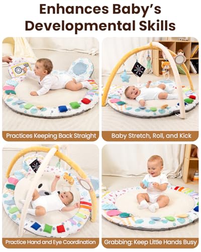 Beavtaens Baby Play Gym, Thickened and Non Slip Activity Mat, 5 Developmental Zones Tummy Time Mat with 5 Detachable Sensory Toys for Motor Skills, Baby Essentials Shower Gift Box(Bear)