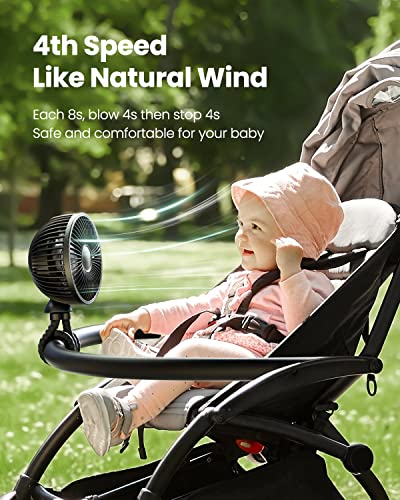 Gaiatop Oscillating Baby Stroller Fan with LED Night Light, 4 Speeds Cooling Rechargeable 360° Rotate Clip On, Battery Operated Small Portable Fans for Car Seat Crib Treadmill Travel Black
