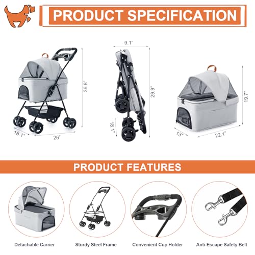 LPOTIUS 3-in-1 Pet Stroller for Small Dogs and Cats, Folding Lightweight Dog Stroller with Detachable Carrier Portable Cat Puppy Jogging Stroller with Cup Holder and Storage Basket, 4 Wheels