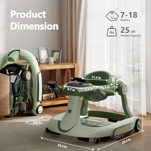 Kinder King 8-in-1 Baby Walker with Music & Lights, 3 Level Adjustable Height, Foldable Toddler Walker with Speed Adjustable Wheels, Easy to Clean, Baby Walkers for Boys & Girls 6-18 Months