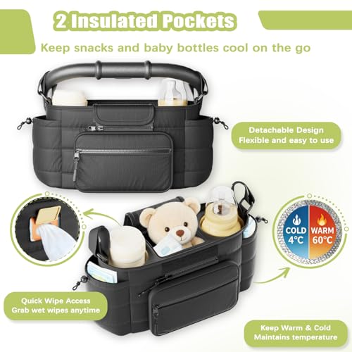 Seeseven Stroller Caddy with Cup Holder & Detachable Phone Bag, Black