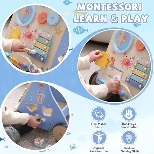 Ocean-Themed Wooden Baby Walker with Activity Center, Montessori Push Walker Toy for Babies 18 Months, Safe First Steps Baby Walking Aid for Boys & Girls