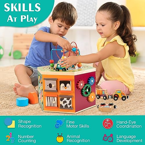 Large Activity Cube, 9-in-1 Farm-Themed Wooden Play Center, Multipurpose Montessori Toy for 1-2 Year Old Baby Toddler Kid, First Birthday Gift | Bonus Magnetic Train Cars