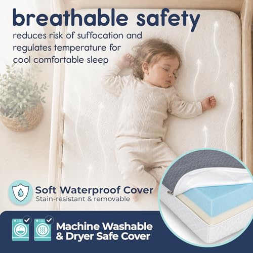 Hiccapop Baby Crib Mattress, Waterproof, Dual Sided Foam Baby Mattress, Firm Side for Babies, Soft Memory Foam Side for Toddlers, Made in USA