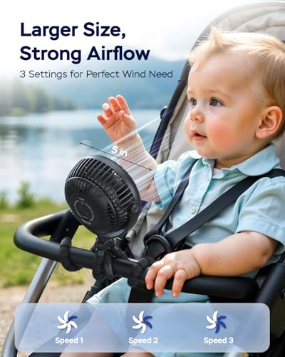 AMACOOL Baby Stroller Fan - 5000mAh Rechargeable, 3-Speed, Strong Yet Quiet, 360°Rotate Portable Clip on Fan for Travel, Car Seat, Crib, Bike, Treadmill, Beach Vacation Essentials