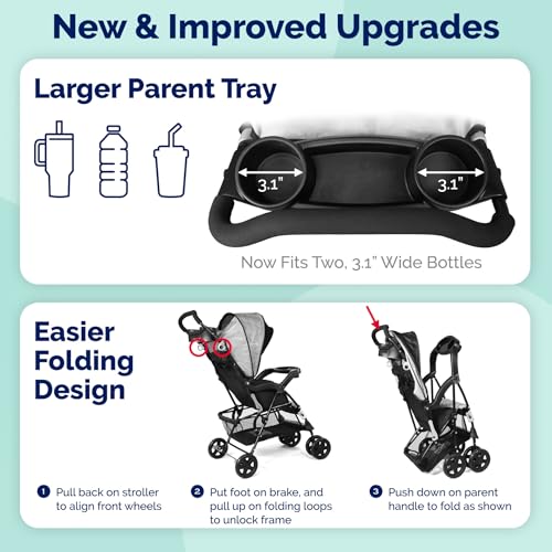 Kolcraft Cloud Plus Lightweight Umbrella Stroller for Toddlers with Reclining Seat, Large Storage Basket, Canopy, Infant & Parent Trays, Compact Fold for Summer Travel, Durable Frame, Slate Gray