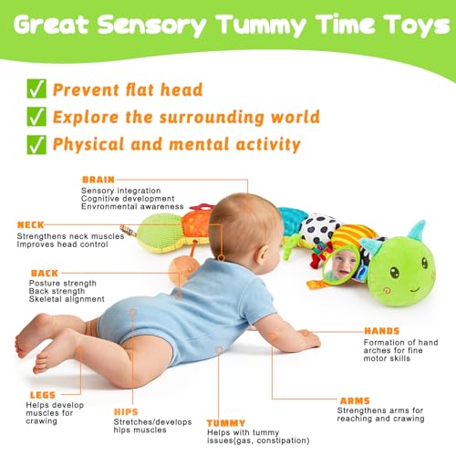 Topsochir Baby Sensory Toys 0-6 Months Music Animal Stuffed Plush Caterpillar Toy for Infant 0-3-6-12 Month Old Tummy Time with Mirror Crinkle Rattle Toys for Newborn Boys Girls Shower Birthday Gifts