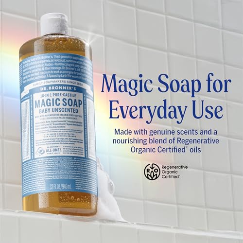 Dr. Bronner's Pure-Castile Magic Soap Liquid (Baby Unscented, 32 Ounce) – Made with Regenerative Organic Certified Oils – For Sensitive Skin, Babies, Face, Hair, Laundry, Dishes, Hand Soap & Body Wash