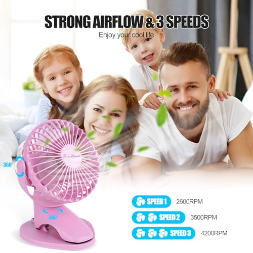 PureHome Portable Clip Fan Battery Operated,3 Speeds USB Rechargeable Mini Table Fan with Strong Airflow,360°Rotation Ultra Quiet Personal Desk Fan for Home Office Bedroom Dorm Stroller Camping- Pink