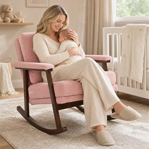 XJJWFR Rocking Chair Nursery, Compact Glider Rocking Chair for Indoor Use, Small Upholstered Rocker Chair for Bedroom Living Room, Teddy Fleece Accent Chair, Pink