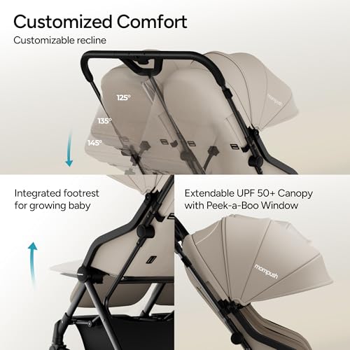 Mompush Lithe Double Stroller for Infant and Toddler, Lightweight Side by Side Twin Stroller, Only 25 lbs, 30-Inch Slim Fit Through Doorways, One-Step Fold, Independent Recline, UPF 50+ Canopy