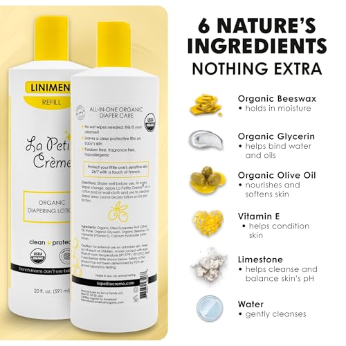 La Petite Creme French Premium Diapering Lotion - Diaper Cream Alternative to Baby Wipes - Moisturizer & Skin Cleanser - USDA Certified Organic Ingredients - Baby Essentials (2 Bottles of 20 oz)