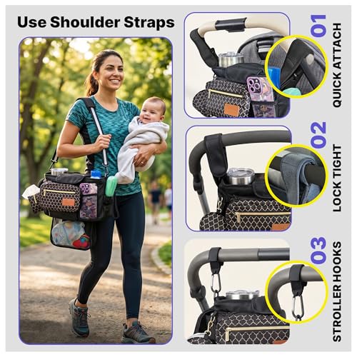 XOMIXA Stroller Organizer with Cup Holders – 9-in-1 Universal Baby Stroller Caddy with Large Pockets, Detachable Pouch & Pacifier Bag, Hooks & Adjustable Reflective Straps, Fits Most Strollers.