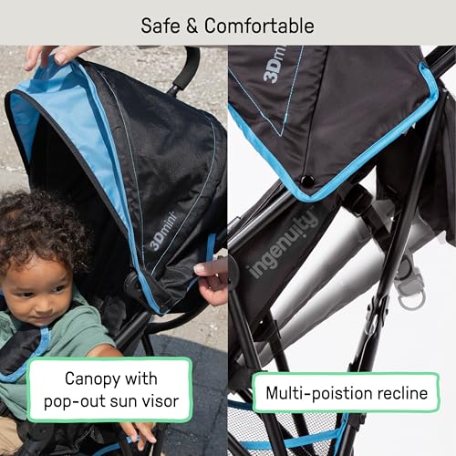 Ingenuity 3D Mini Convenience Stroller – Lightweight Stroller with Compact Fold, Multi-Position Recline, Canopy with Pop Out Sun Visor – Umbrella Stroller for Travel & More, Blue/Black