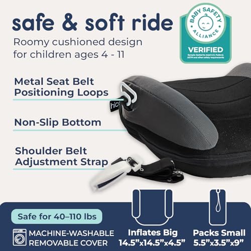 Hiccapop UberBoost Inflatable Booster Car Seat | Blow up Narrow Backless Booster Car Seat for Travel | Portable Booster Seat for Toddlers, Kids, Child | Black/Gray