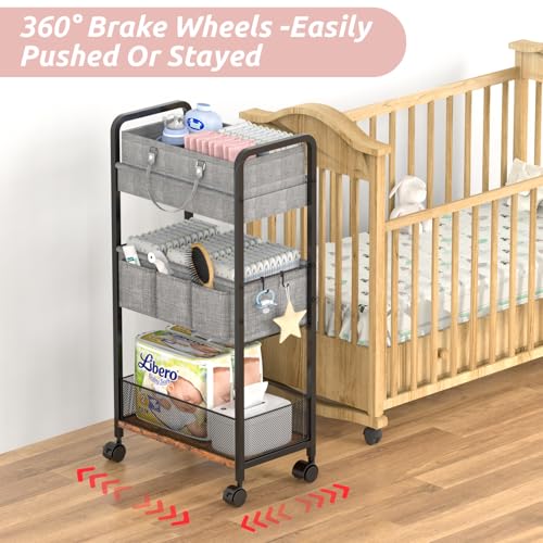 LIDTOP 2In1 Baby Diaper Caddy & 3-Tier Rolling Diaper Cart, Diaper Caddy Organizer Cart with Dividers, Mobile Metal Utility Cart for Nursery Essentials, Detachable Bedside Cart, Large Capacity