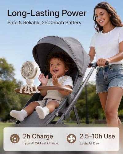 SWEETFULL Portable Stroller Fan, Pinch-Proof Baby Fan, 5-Speed Quiet Mini Clip on Fan, USB-C Rechargeable Battery, LED Display for Car Seat, Crib & Travel - Cream