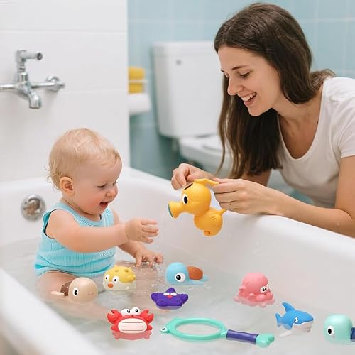 XAWACAH Bath Toy for Toddlers 6-12-18 Months, No-Hole Bathtub Toys with Baby Bath Animals, Wind-Up Turtles, Fishing Net & Storage Bag, Floating Toys for Toddlers 1-3 Year Old Boys Girls (11 Pack)