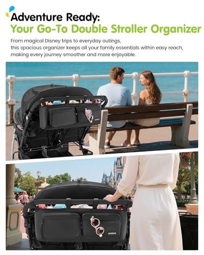 Double Stroller Organizer with 11 Compartment for Bob Duallie, Baby Jogger City Mini GT2, Double Jogging Stroller Caddy, Jeep, Zoe Stroller Accessories with 2 Insulated Pocket, Parent Console