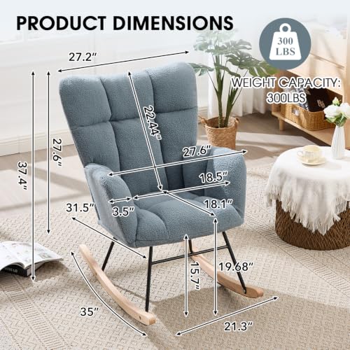 Sudwesto Nursery Rocking Chair, Teddy Upholstered Glider Chair with High Backrest, Tufted Rocker Glider Chair with Thick Cushion, Cozy Rocking Armchair, Rocker Padded Seat for Bedroom(Blue)