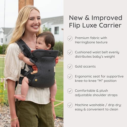 Infantino Flip Luxe 4-in-1 Convertible Baby Carrier, Ergonomic Infant to Toddler Carrier, Updated Lumbar Support, Premium Herringbone Fabric, Elevated Accents, Hands-Free Comfort, 7–35 lbs, Onyx