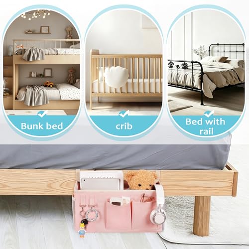 Loghot Bedside Caddy/Bedside Storage Bag Hanging Organizer for Bunk and Hospital Beds,Dorm Rooms Bed Rails,Can be Placed Glasses,Books,Mobile Phones,Keys (Light Pink)